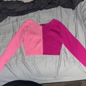 Pink Split Shade Crop Button Up Sweater